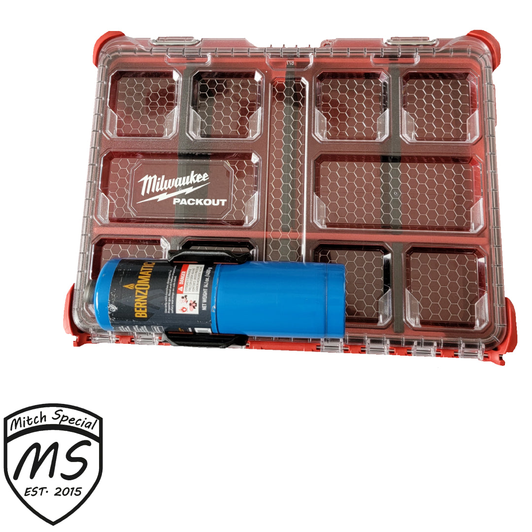 Milwaukee Packout storage case with a custom blue Benzomatic torch holder attached, featuring efficient and organized storage.