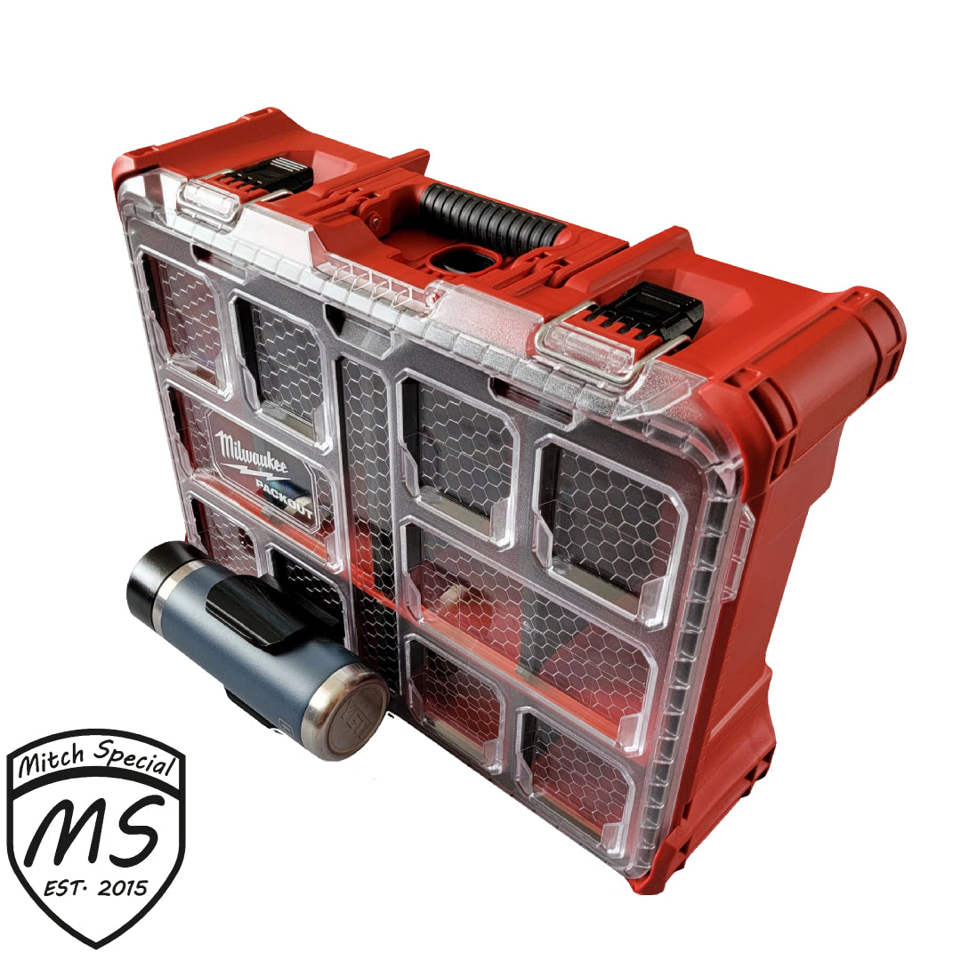 Custom holder designed for Milwaukee Packout system, featuring a red and transparent case with a cylindrical attachment.