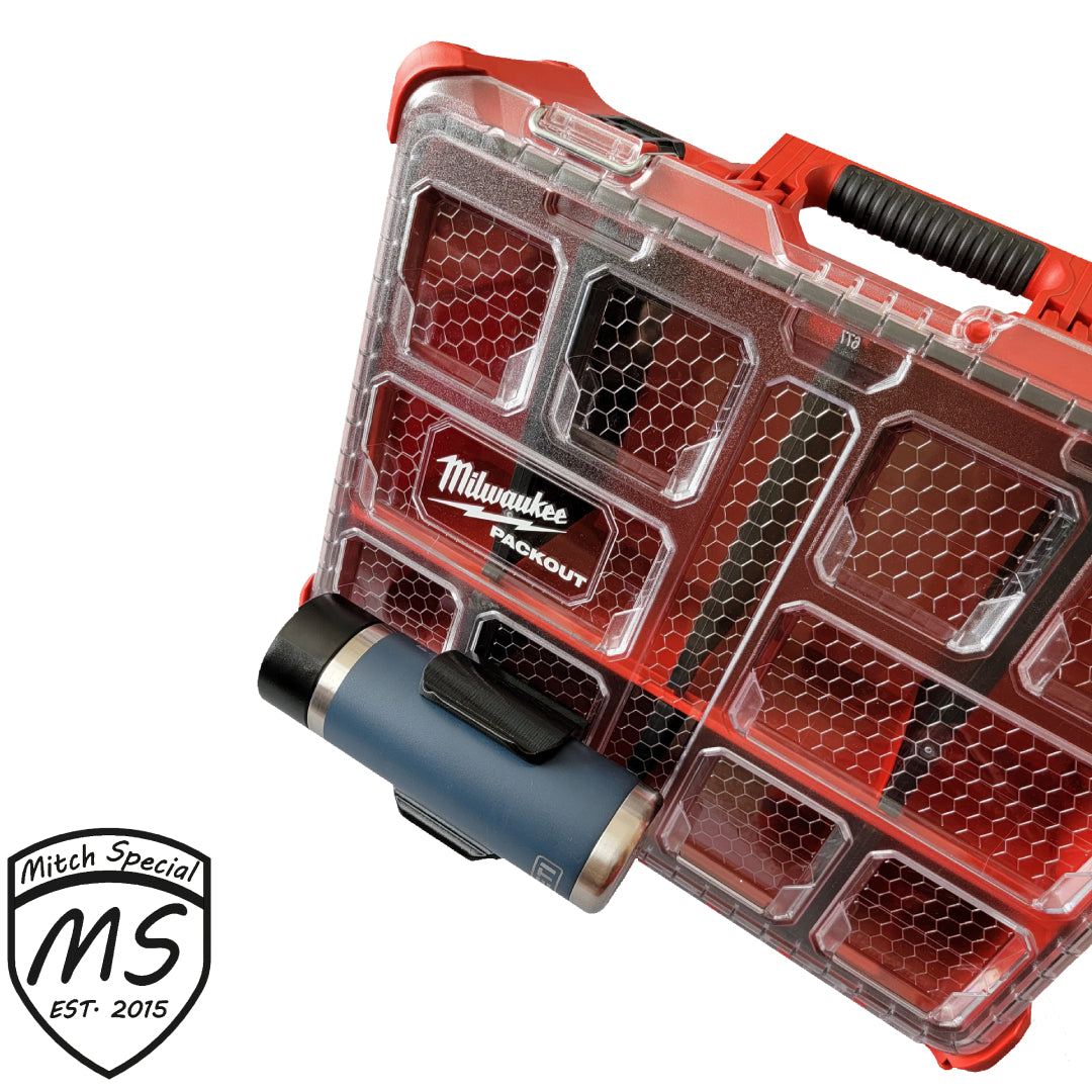 Yeti coffee cup securely attached to a Milwaukee Packout case with a custom holder, ensuring easy transport and access.