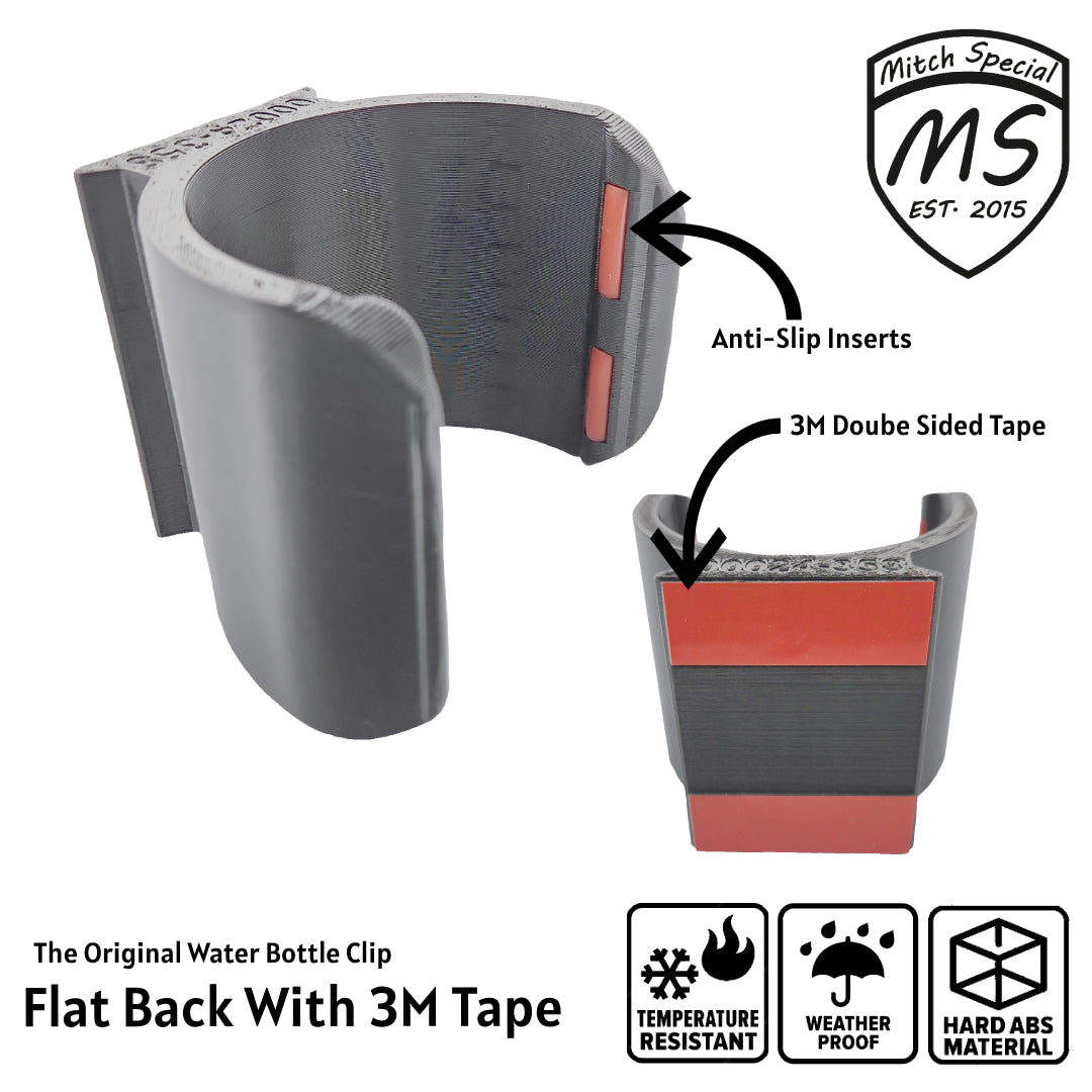 Close-up view of paddleboard water bottle holder, featuring silicone inserts for secure grip and 3M VHB double-sided tape for durable installation