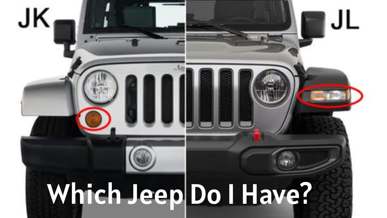 Visual comparison guide to distinguish between Jeep JK and JL models, highlighting distinct features such as dashboard shape, steering column design, and grab handle style to ensure accurate identification for accessory installation