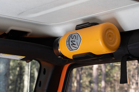 Close-up view of Water Bottle Holder for Jeep Wrangler  roll bar, showcasing durable construction.